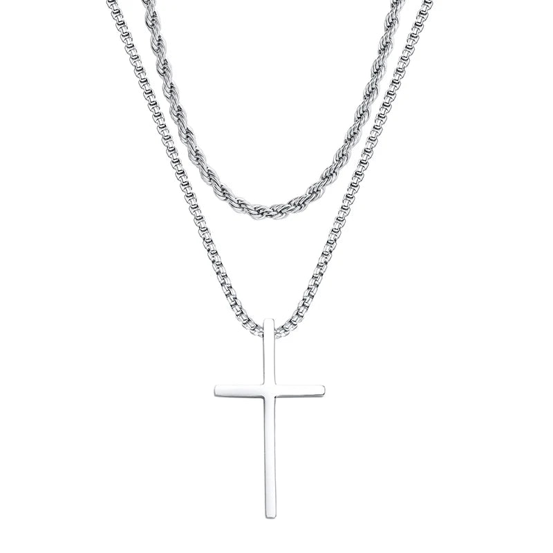 Colar Duplo Crucifixo Masculino Simples Casual