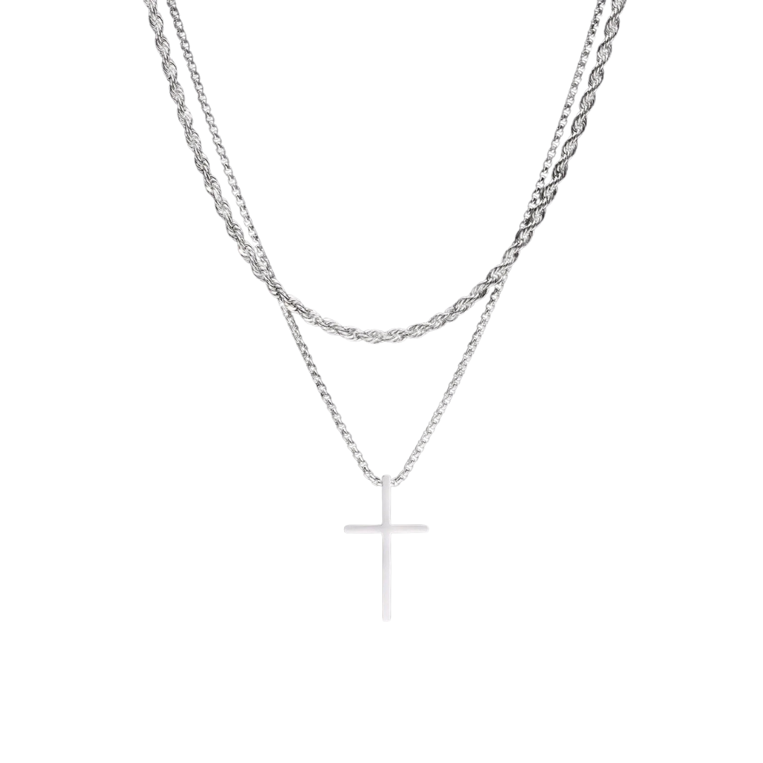 Colar de aço inox Minimalista Duplo Crucifixo